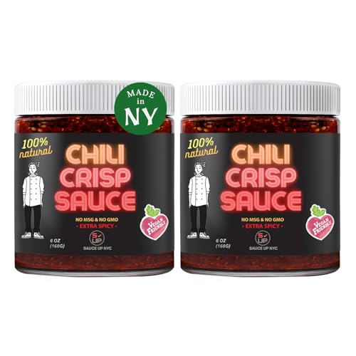 Image of SAUCE UP Extra Spicy Chili Crisp Sauce - 2 Pack (6oz Each) | Spicy, Savory, Sweet & Crunchy Umami Chili Oil | 13+ Superfoods | Vegan, Keto, Gluten-Free, Non-GMO, No MSG | Artisan Gourmet Crispy Condiment | Handcrafted in NY