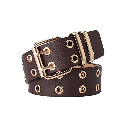 Double Grommet Belt PU Leather Punk Belt for Women Men Jeans 2 Hole Belts, Brown, Free Size