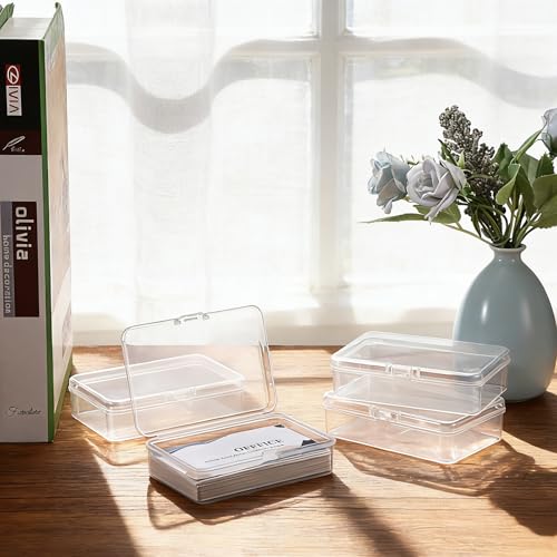 JUXYES 4 Pack Small Plastic Storage Containers Box for Business Cards - Portable Business Card Index Card Holder Storage Case with Lid - Clear Pocket Credit Card Case, Storage Up to 60 Name Cards