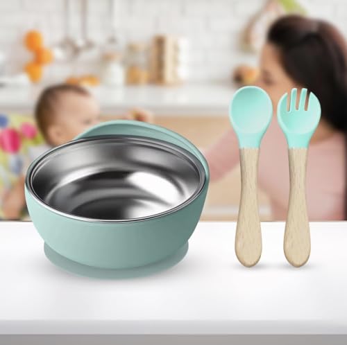 Image of NYALA Stainless Steel Toddler Plates Silicone Suction, Non-Slip Baby Plates BPA Free,Unbreakable Dishwasher Safe (Pista Green, Bowl)