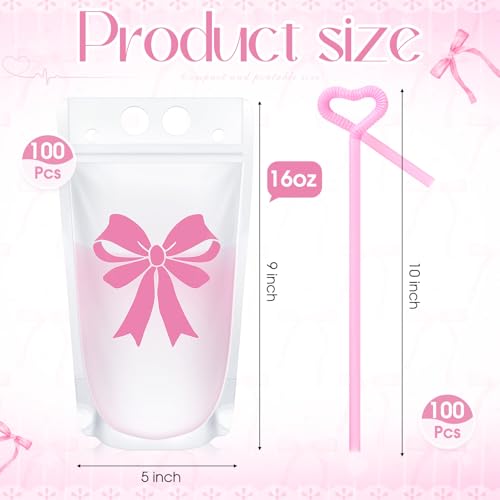 100 Sets de Bolsas para Beber con Lazo Rosa y Popotes miniatura 2