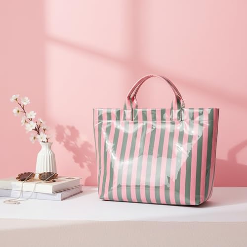 Image of Striped PVC Tote Bag for Women, Waterproof Plastic Hobo Handbag Summer Tote for Beach, Pool & Ideal Gift