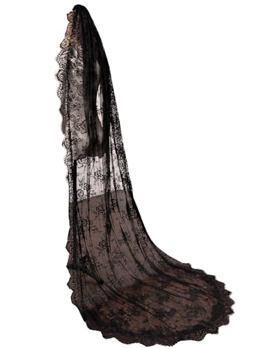 Ophea Veily Long Black Lace Floral Wedding Bridal Veil Gothic Veil with Comb for Bride Chapel Length