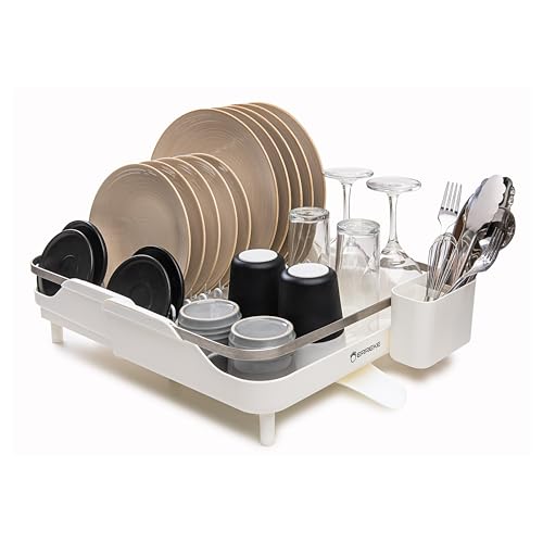 Erreke Escurreplatos Plegable, Escurridor de Platos, Drena al Fregadero, Rejilla de Acero Inoxidable, Escurre Platos Extensible Encimera Cocina Vasos Cubiertos 29 x 35 cm. (Blanco)