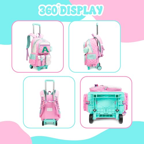 Image of Meetbelify Pink Backpack with Wheels for Girls Rolling Letter Backpack Cute Carry on Backpack Kids Luggage with Lunch Box Pencil Case for Elementary Student