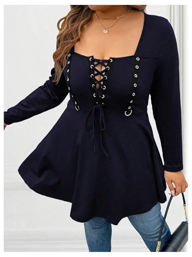Image of SOLY HUX Women's Plus Size Peplum Tops Lace Up Square Neck Long Sleeve Ruffle Hem Tee Flowy Casual T Shirt
