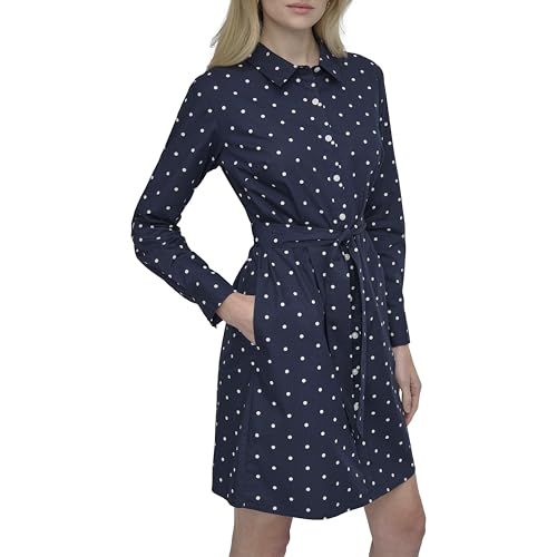 Image of DKNY Women's Long Sleeve Collared Tie Fit & Flare Mini Dress