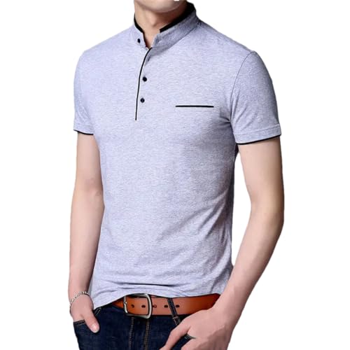 Men Slim Fit Cotton T-Shirts Mandarin Collar Short Sleeve Tee Shirt Men Spring Summer Top