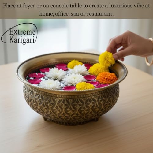 Image of Decorative Brass Chitai 8 inches Urli | Table Centerpiece Flower Floating Bowl | Urali for Mandap, Haldi, Mehendi, Wedding, Reception Decor | Brass Antique | 1500ml