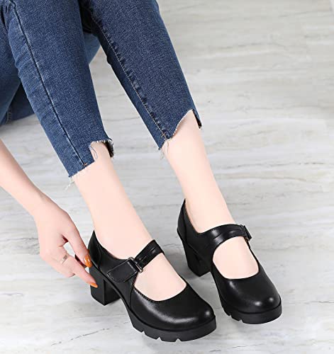 DADAWEN Women's Leather Classic Mid Heel Mary Jane Square Toe Oxfords Platform Dress Pumps Shoes3