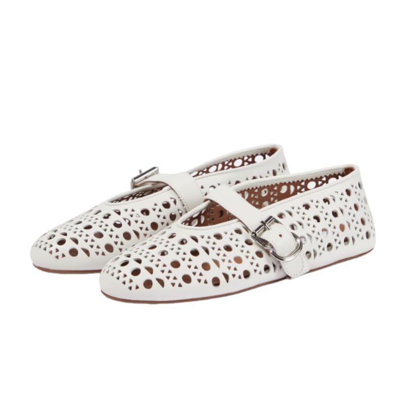 Womens Perforated Ballet Flats Hollow Out Buckle Strap Mary Jane Flats Ladies Breathable Round Toe Ballerina Flats