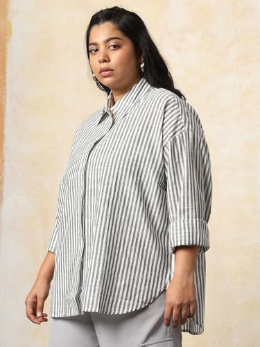 Image of HIGH Star Oversized Striped Cotton Shirt for Women | Stylish Tops for Women | Comfortable and Trendy Casual Shirt