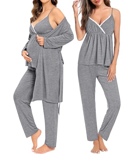 Image of SWOMOG Maternity Nursing Robe Set 3 Piece Breastfeeding Pajamas 3 in 1 Labor Delivery Sleevless Tops&Long Pants Pregnancy Pjs