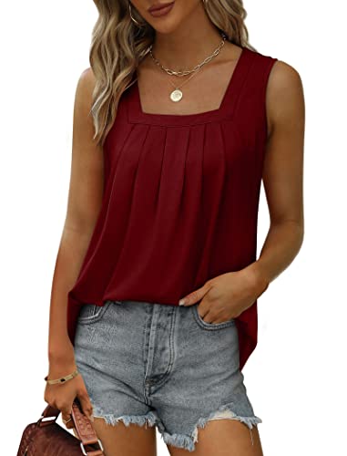 Image of Saloogoe Summer Tank Tops for Women Loose Fit Pleated Square Neck Sleeveless Tops Curved Hem Flowy