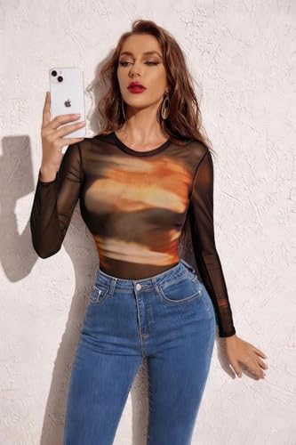Image of Avidlove Womens Mesh Long Sleeve Bodysuit Round Neck Sheer Leotards Geo Print Bodysuit Top with Snap Crotch
