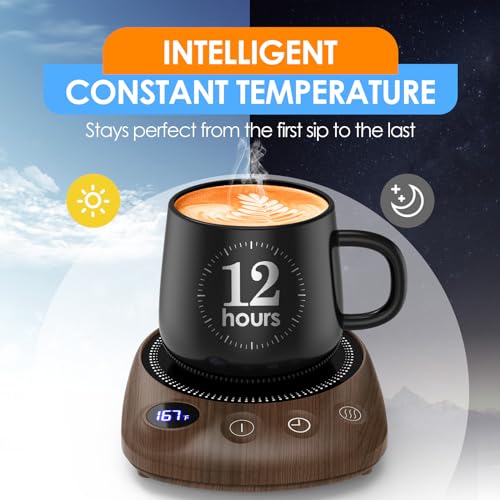 KitchekShop Coffee Mug Warmer - Fastest Heating & Highest Temperature, Coffee Cup Warmer for Desk Auto Shut Off, 4 Temp Settings & 1-12H Timer, Smart Electric Beverage Warmer for Coffee, Tea (Wood)