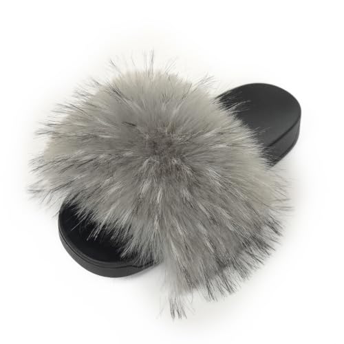 Image of Women's Faux Fur Slides Slippers Fluffy Fuzzy Sandals Open Toe Furry Slide Flip Flop Indoor Outdoor