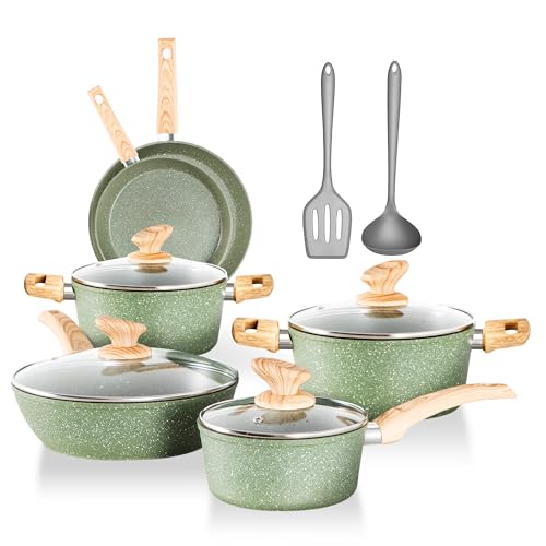 DishDelight Topfset Beschichteter Topf Induktion Töpfe Set Pfannenset 12-teilige Granit Antihaft Töpfe und Pfannen Cookware Kochtopf Bratpfanne mit Glasdeckeln