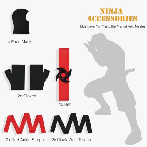 AOOWU Red Ninja Fighter Costume, Kids Unisex Ninja Cosplay Costume with Accessories, Halloween & Christmas Costume - Image 3
