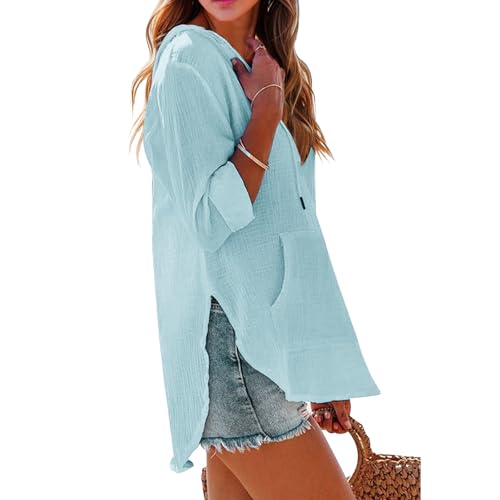 Women's Beach Cover Up Casual V Neck Long Sleeve Linen Hoodie Pullover Tops Lightweight Hooded Shirt with Pocket4