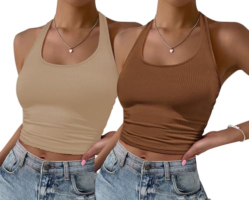 Image of Ekouaer Women Halter Top Backless Scroop Neck Slim Stretchy Ribbed Knit Camisole Crop Tops S-XXL