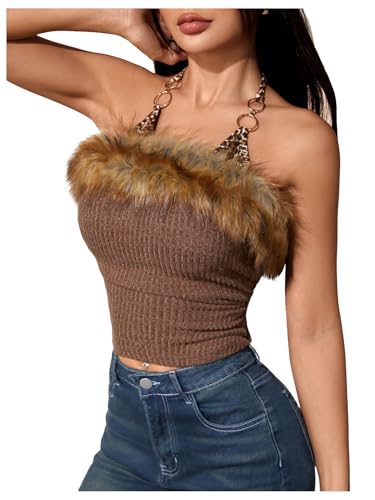 MakeMeChic Women's Faux Fur Leopard Halter Tops Metal Ring Tie
