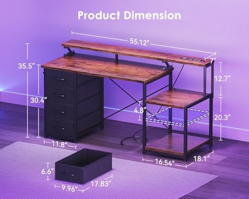 Image of ODK 55 Inch Computer Desk with 4 Drawers, Office Desk with Power Outlets, Printer Shelf & Storage Shelves, Large Writing Study Table for Home, Bedroom, Study or Gaming Setup, Vintage