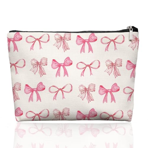 Pink Preppy Coquette Bow Makeup Bag Make Up Bag, Preppy Cosmetic Bags for Women, Preppy Coquette Gifts for Women Teen Girls,Dorm Room Essentials for Girls