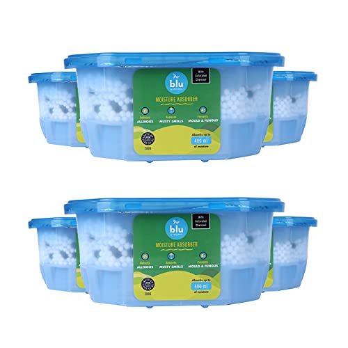 Image of BLU by Absorbia | Moisture Absorber with Activated Charcoal | Saver Pack of 6 (400ml each) | Dehumidifier for Small Storage Spaces | Fights Against Moisture, Mould, Fungus & Musty smells