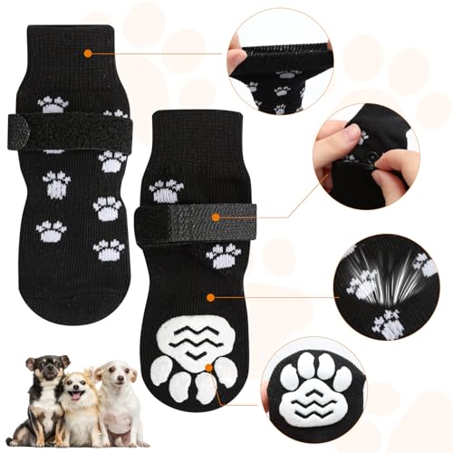 Weniubit 4 Paar Hundesocken Anti Rutsch Doppelseitige, Hundesocken Leckschutz mit Verstellbaren Riemen, Hunde Socken für Hunde im Innenbereich im Freien (M)