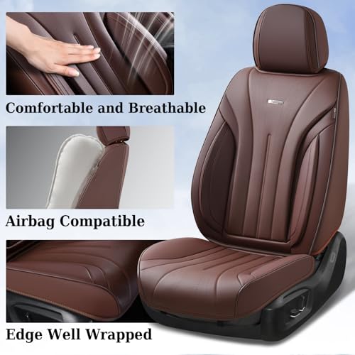Image of Coverado Front and Back Car Seat Covers, Leather Seat Cover for Cars, Automotive Seat Cover Full Set, Waterproof Universal Seat Cover, Luxury Car Seat Protector Seat Cushion Fit Most Cars, Coffee