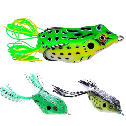 3 señuelos de rana Topwater – Cebos de cuerpo hueco suave con ojos 3D para pesca de lubina, lucio y almizcle (diseño multiespecie)