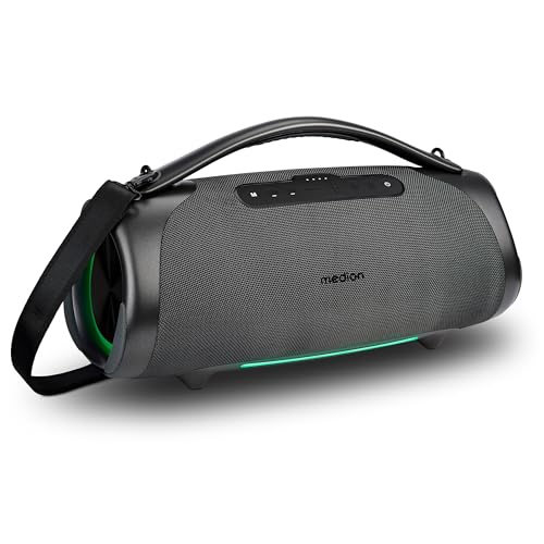 MEDION P61768 tragbarer Bluetooth Lautsprecher (Akku, Bass Boost, Musikbox, RGB Lichteffekte, IPX7 Wasserschutz & robust, integrierte Powerbank, 100W (RMS) total, 2X 25W + 50W) Anthrazit