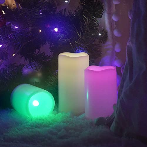 Image of CANDLE CHOICE Waterproof Outdoor Color Changing Flameless Candles Remote Timer Realistic Flickering Battery Operated Fake Electric LED White Plastic Pillars for Wedding Christmas Decoration 3 Pack