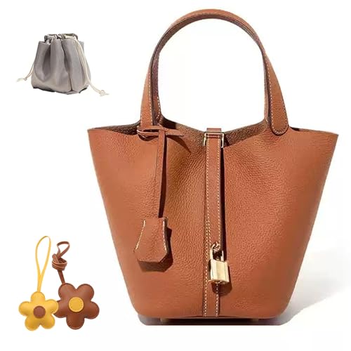 Genuine Leather Bucket Bag，Ruffle Tote Bag，Genuine Leather Lock Design，Vegetable Basket， Versatile Shoulder Handbag ﻿