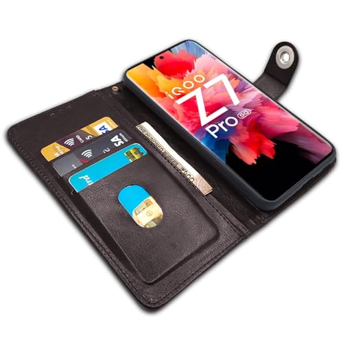 Image of Pikkme iQOO Z7 Pro 5G Flip Cover Leather Finish | Inside TPU with Card Pockets | Wallet Stand and Shock Proof | Complete Protection Button Flip Case for iQOO Z7 Pro 5G (Coffee)