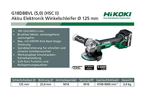 Hikoki Winkelschleifer G18DBBVL 125mm 18V mit 5,0Ah Akku