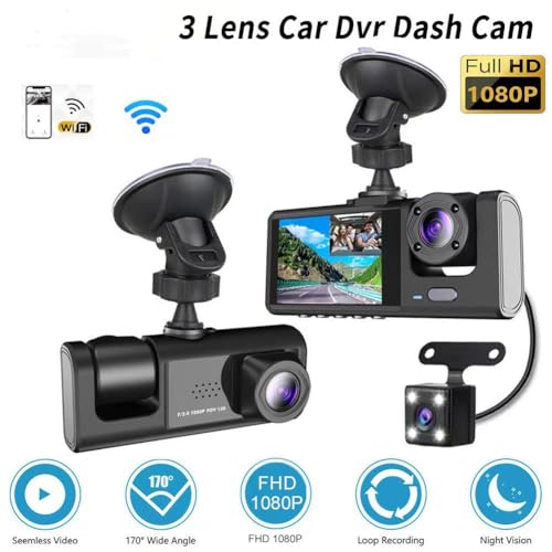 Image of CLOUDSALE WiFi 3 Lens Car Dash Camera 1080P DVR | Triple Channel DashCam Front Inside Rear | IR Night Vision | Loop Recording | 24H Parking Monitor | Car Black Box Video Recorder with Reversing Camera
