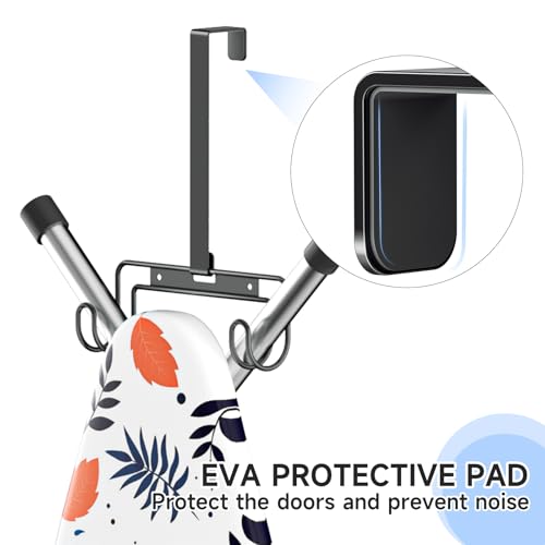 LOXSUN Ironing Board Hanger Over The Door/Wall Mount Ironing Board Holder with Removable Hook, Laundry Rooms Iron Board Wall Mount for Y or T Leg, Stainless Steel Iron Board Hooks, Black