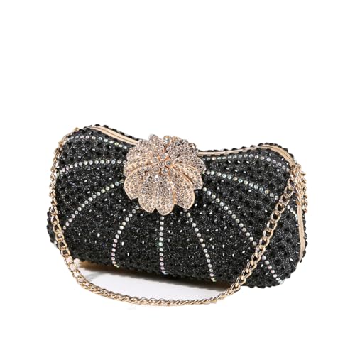 Faibiules Women's Fashion Rhinestone Beaded Evening Bag Flower Lock Clutch Handbag Black