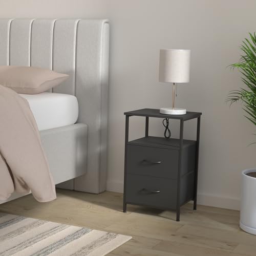Black Nightstand with Charging Station & Drawers for Bedroom