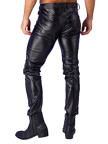 easyforever Men's Faux Leather Zipper Fly Pockets Pants Slim Fit Moto Biker Pants Clubwear4