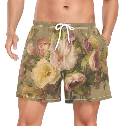 Mens Swim Trunks with Liner, Vintage Leaf Roses Cool Quick Dry Beach Swim Shorts, Swimwear Bathing Suits S
