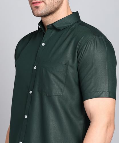 Image of MILDIN Men's Cotton Blend Solid Shirt with Spread Collared Half Sleeve Curved Hemline Button Closure Regular Fit and One Pocket | Half Sleeve Shirt for Men