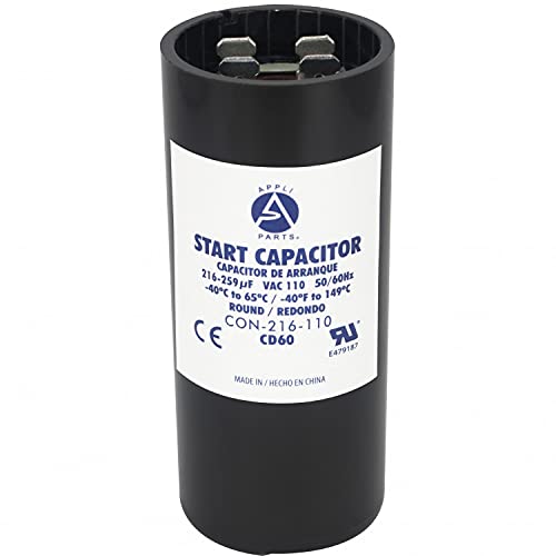 Appli Parts motor start capacitor 216-259 Mfd (microfarads) uF 110-125VAC universal fit for electric motor applications 1-7/16 in Diameter 3-3/8 in Height CON-216-110