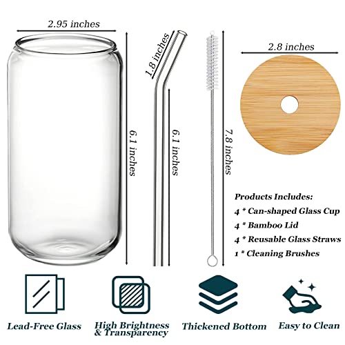 Glass Cups With Lids And Straws 4Pcs Set, 16Oz Can Shaped Drinking Glasses Set, Beer Glasses, Iced Coffee Cup, Cute Tumbler Cup For Juice, Water, Soda, Tea, Gift #TOP4