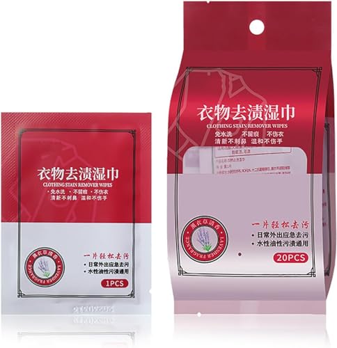 Clothing Stain Removal Wet Wipes, Individual Wrapped Cleaning Wipes, Mini Stain Remover Wipes, Emergency Stain Rescue Stain Remover, 20 Pcs/Pack (1Pack)
