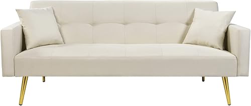 Miniatura 6 de Sofá cama futón de terciopelo, sofá cama de 73 pulgadas con 3 ángulos reclinables, sofá biplaza de sala de estar, dos almohadas y patas de metal