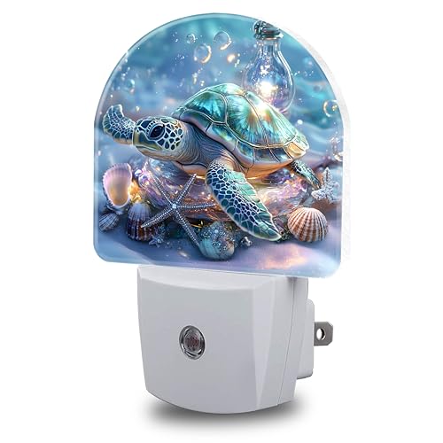 Image of Ocean Animal Night Light, Sea Turtle and Seashell Night Lights Plug into Wall Dusk to Dawn Sensor Round Nightlight for Women Men Energy Efficient Led Lamp 0.5W for Stairway Hallway Bedroom