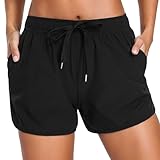 Generisch Badeshorts Damen High Waist Badehose Schnelltrocknend Kurze Schwimmshorts Sommer Schwimmhose Locker Surf Boardshorts mit Taschen Bikini Hose Schwarz Strandshorts
